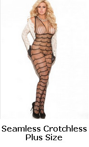 Plus Size Vertical Striped Open Crotch Bodystocking w/ Strappy Open Bust