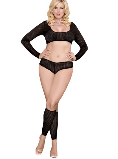 Plus Size Sheer Net Crop Top, Booty Short & Leg Warmers Set