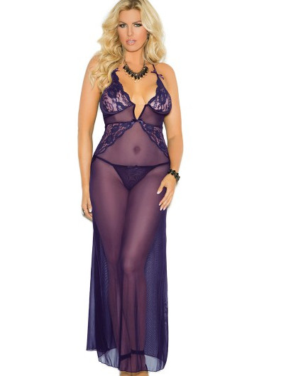Plus Size Dark Purple Mesh & Lace Lingerie Gown & G-String Panty