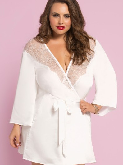 Plus Size Satin & Eyelash Lace 3/4 Sleeve Robe