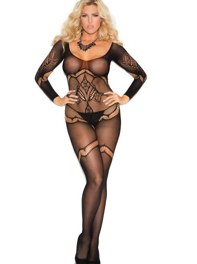 Plus Size Black Seamless Knit Long Sleeved Bodystocking W/ Open Crotch