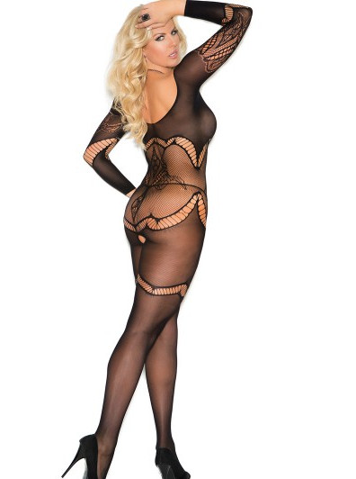 Plus Size Black Seamless Knit Long Sleeved Bodystocking W/ Open Crotch